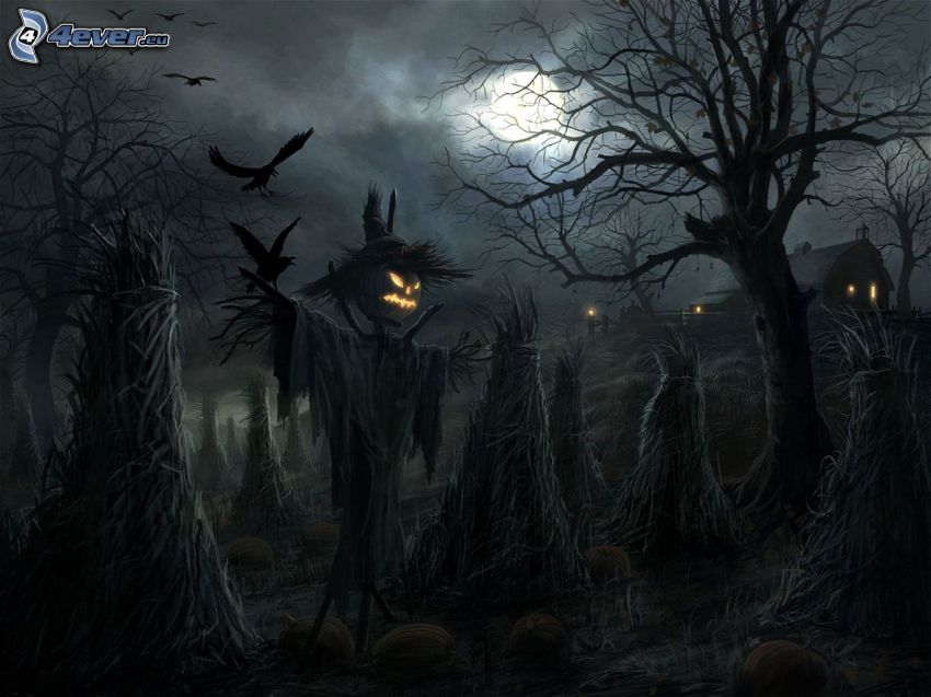 strašiak, halloweenska tekvica, noc, vrany