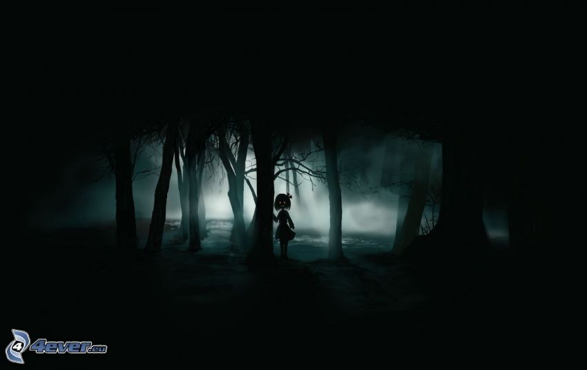 tmavý les, dievča