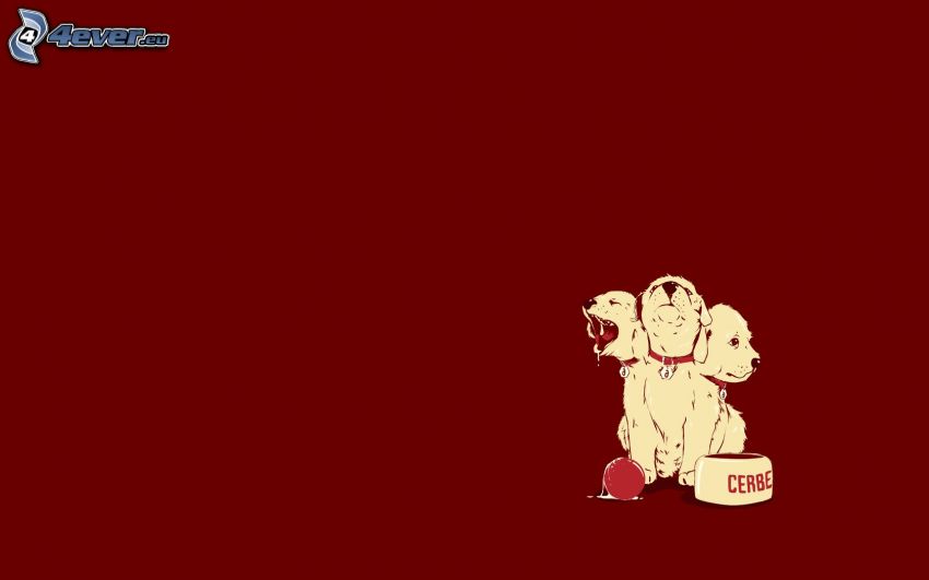 trojhlavý pes, kreslené psy, malé psy, miska