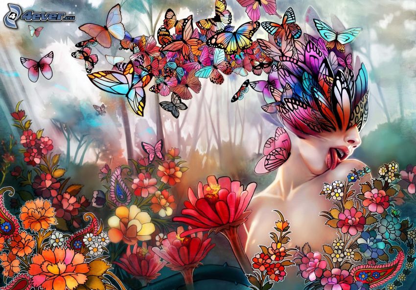 vyplazený jazyk, žena, motýle, kvety