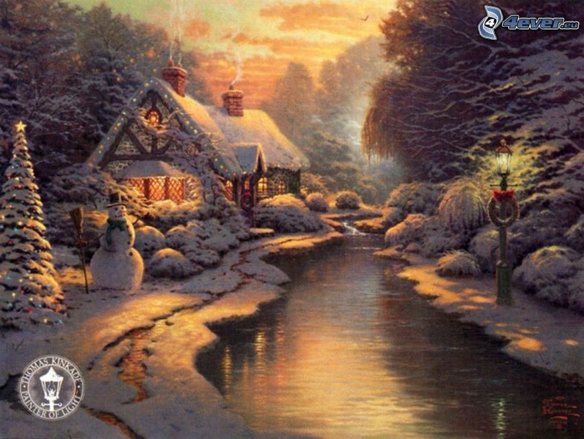 zasnežený dom, potok, snehuliak, vianočný stromček, Thomas Kinkade