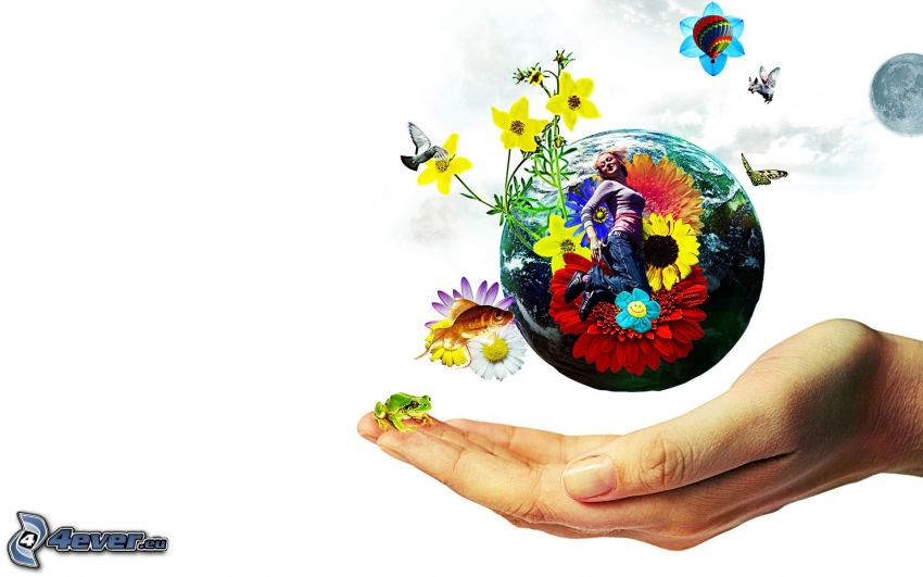 Zem, ruka, kreslené kvety