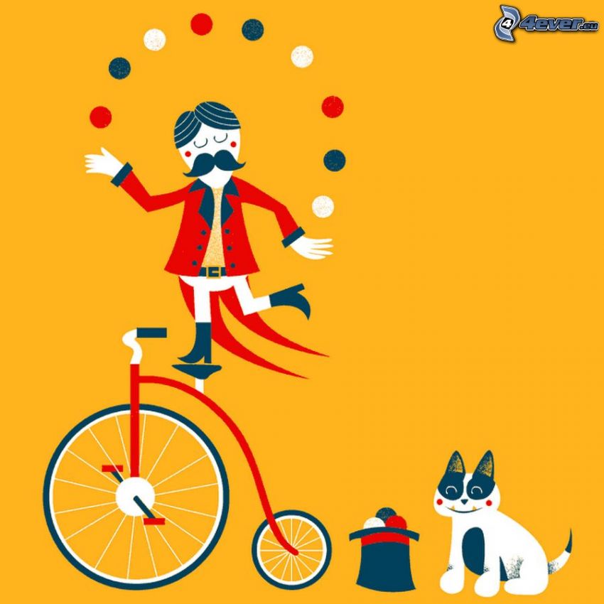 žonglér, bicykel, mačka, klobúk