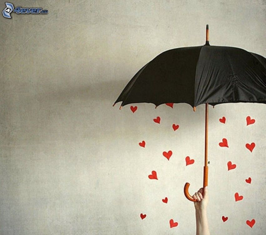 dáždnik, valentínske červené srdiečka, ruka