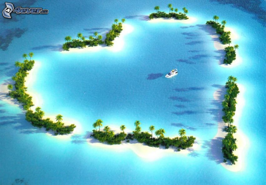 ostrov, srdiečko, tropické more, palmy, jachta