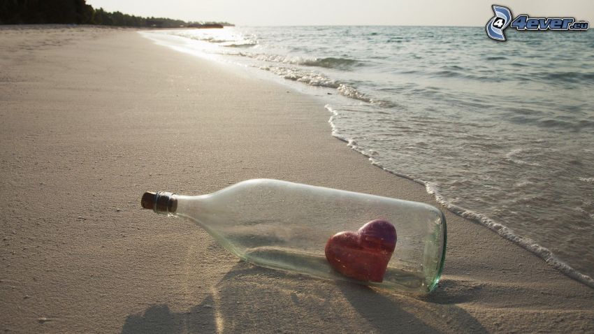 srdiečko, fľaša, more, pláž