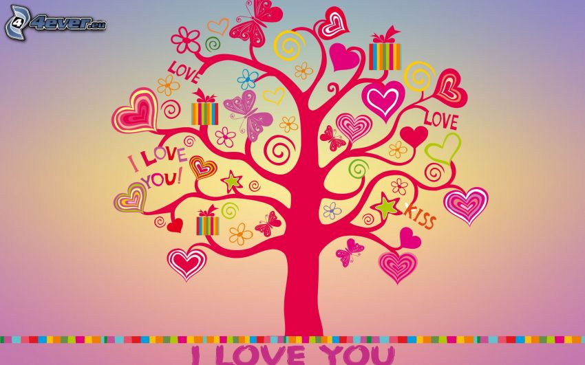strom, srdiečka, I love you, darčeky, motýle, kvety, kiss, love