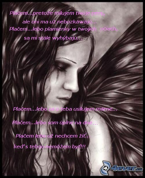 ženský plač, text o láske, žena s krídlami