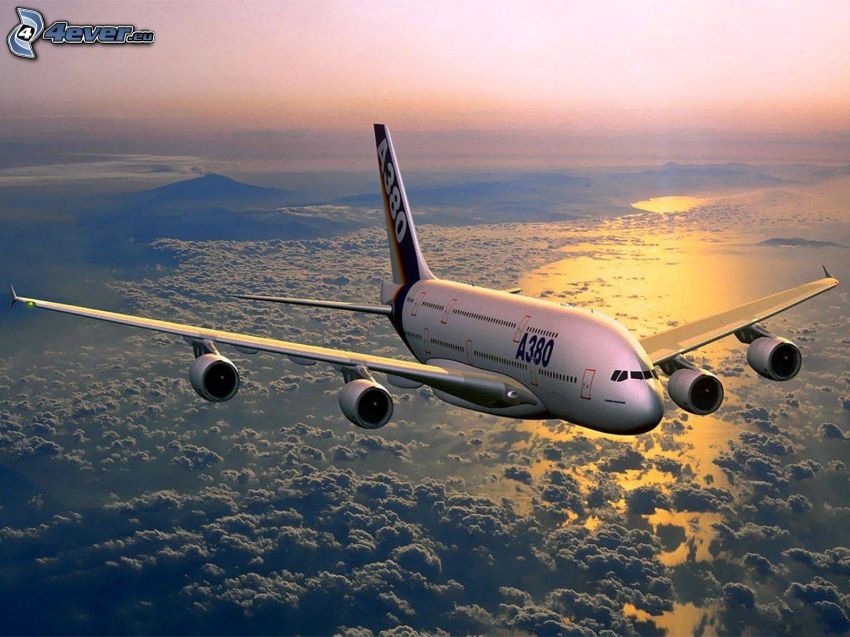 Airbus A380, nad oblakmi, more, východ slnka