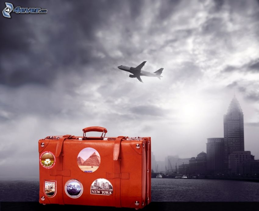 Boeing 737, cestovná taška, mesto, oblaky