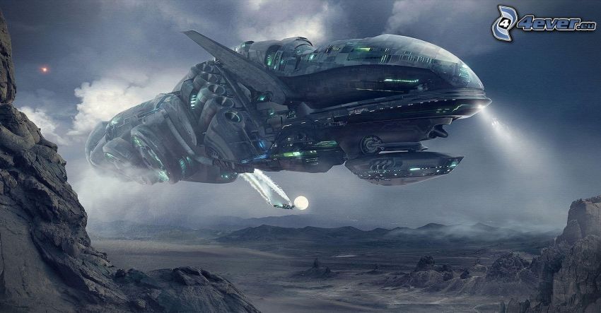 vesmírna loď, skaly, sci-fi