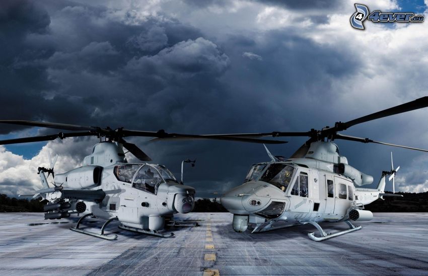 AH-1Z Viper, vojenské vrtuľníky, tmavé oblaky, cesta
