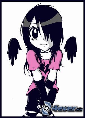 kreslený anjel, kreslené dievča, čierne krídla