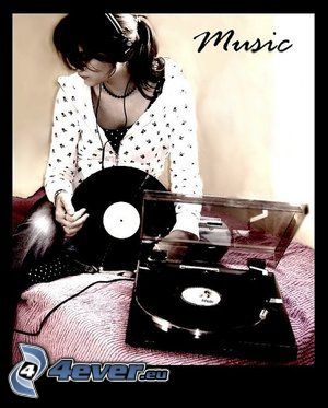 dievča so slúchadlami, gramofón, platňa, hudba