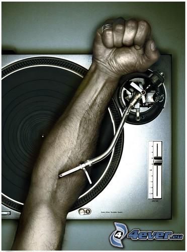 DJ, platňa, ruka, gramofón