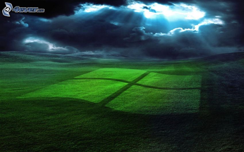 Windows, logo, mraky, slnečné lúče, tráva