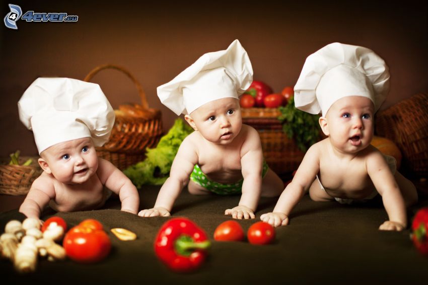 kuchári, bábätká, zelenina