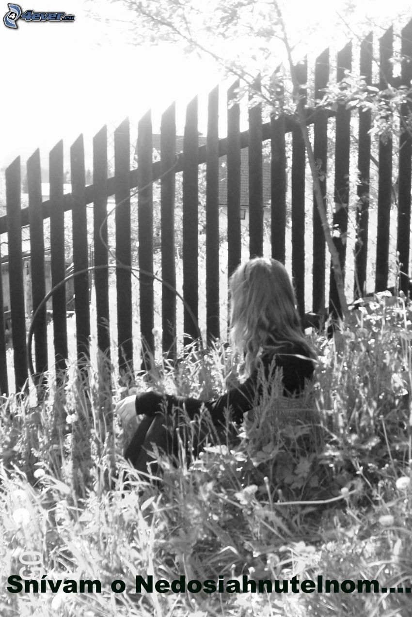 dievča v tráve, drevený plot