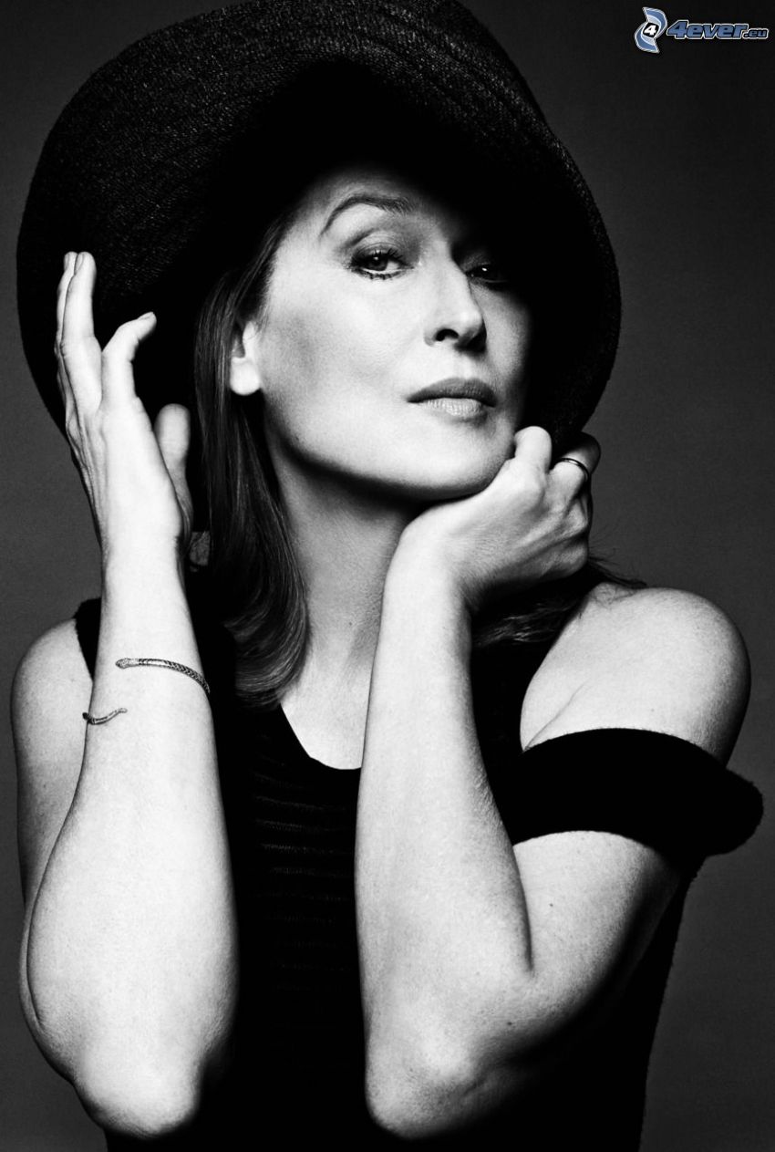 Meryl Streep, čiernobiela fotka, klobúk