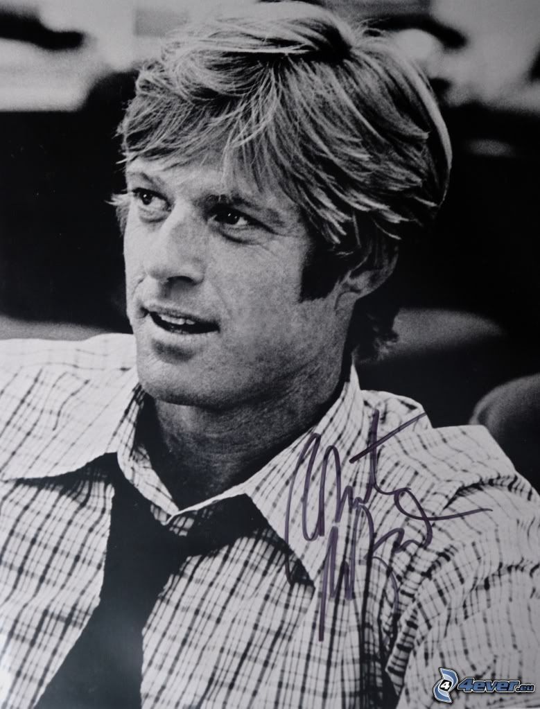 Robert Redford, za mlada, podpis, čiernobiela fotka