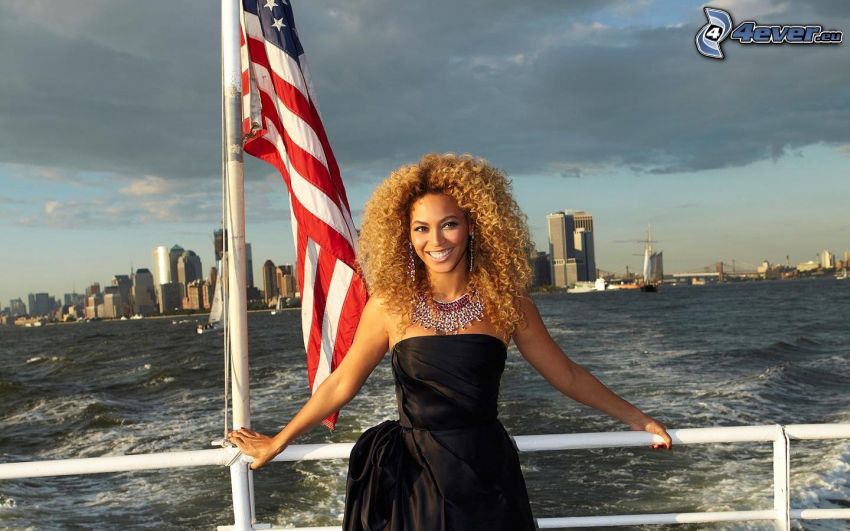 Beyoncé Knowles, loď, Manhattan, mrakodrapy, more, vlajka USA