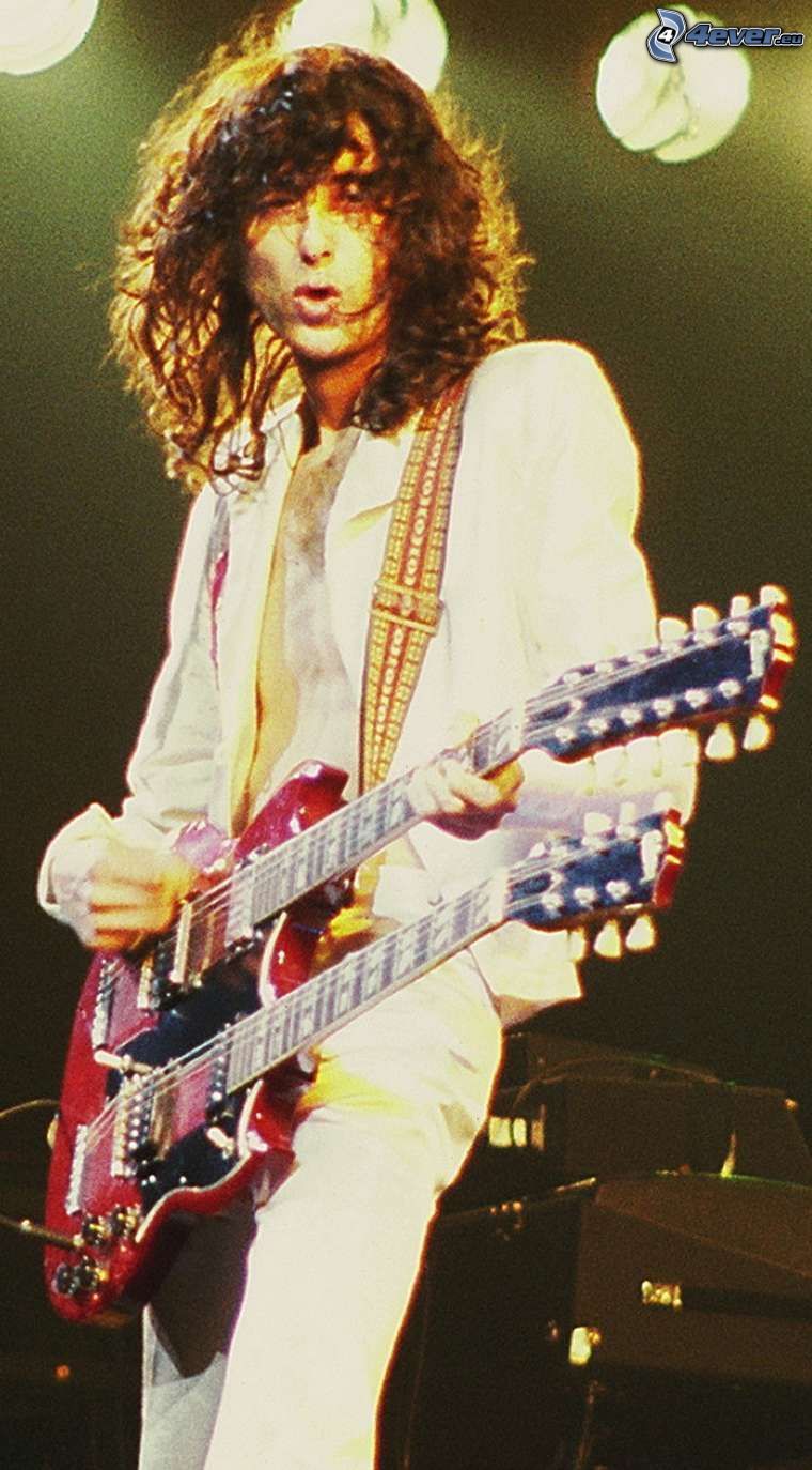 Jimmy Page, gitarista, hra na gitare, stará fotografia