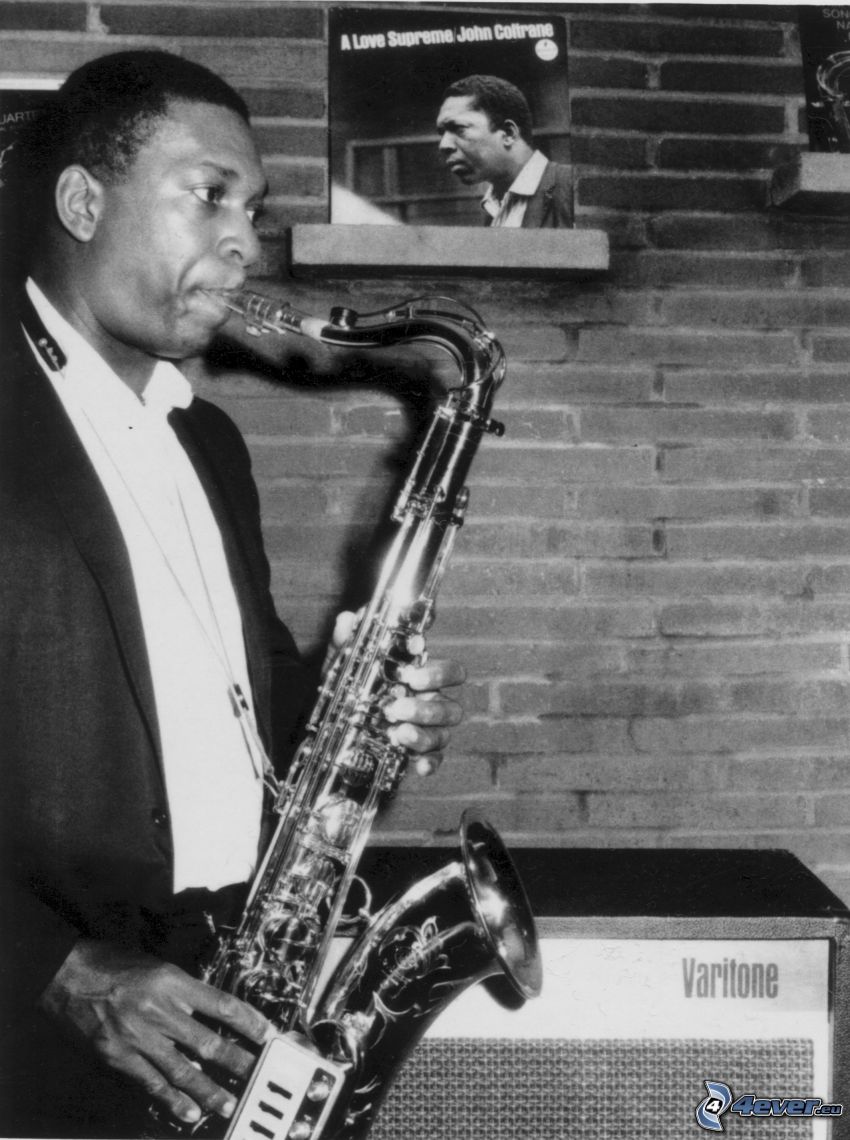 John Coltrane, saxofonista, čiernobiela fotka