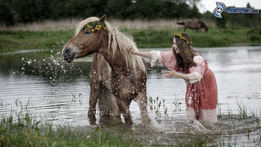 kôň, dievča, jazero