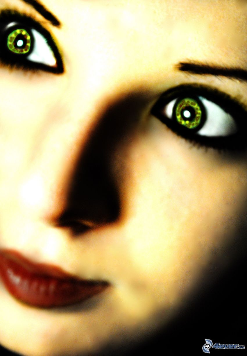 dievča, tvár, zelené oči