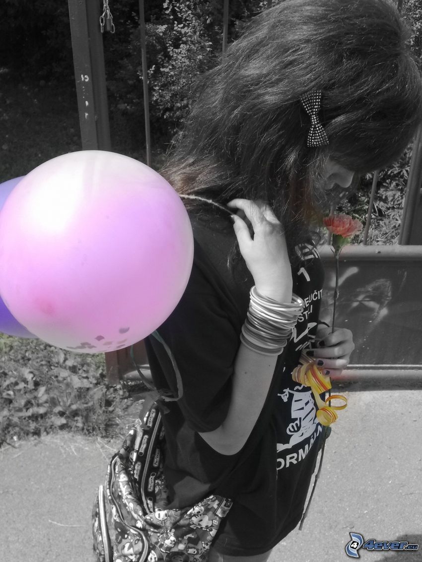 dievča s balónikmi, smútok, kvietok