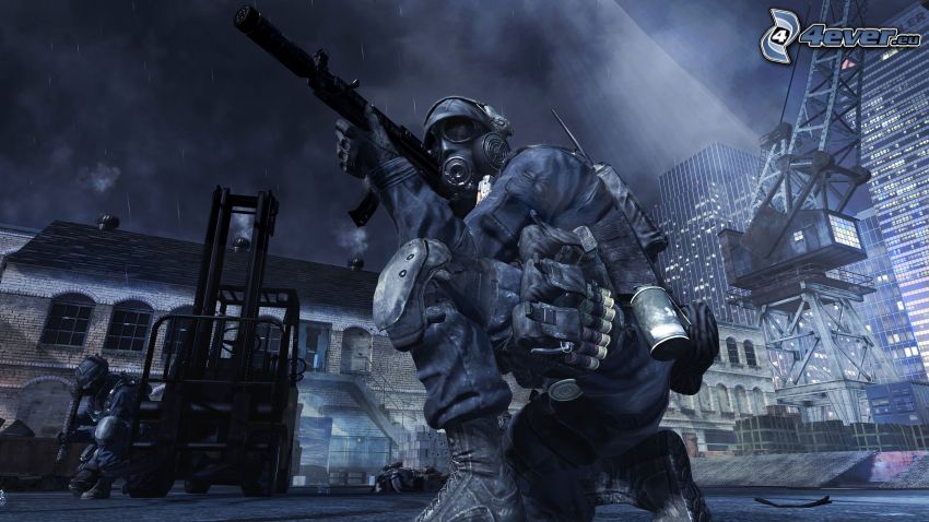 Call of Duty: Modern Warfare 3, muž so zbraňou, plynová maska