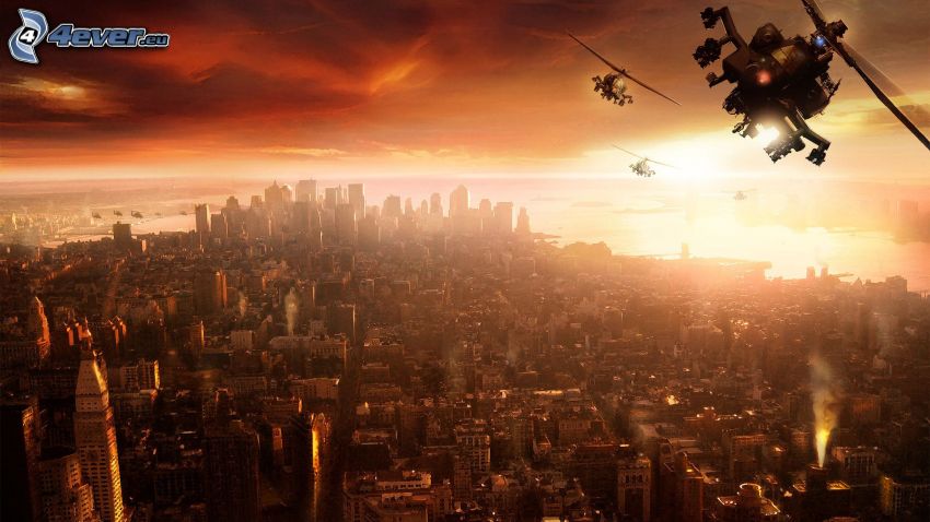 Manhattan, vojenské vrtuľníky, západ slnka