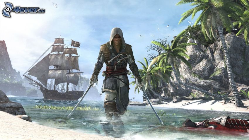 Assassin's Creed, bojovník, po boji, plachetnica, zátoka