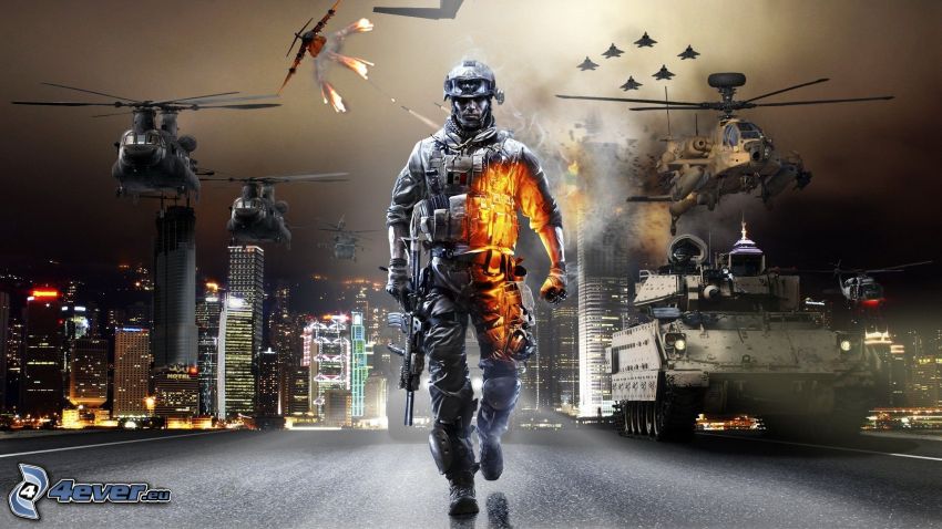 Battlefield 3, vojenský vrtuľník, tanky, nočné mesto