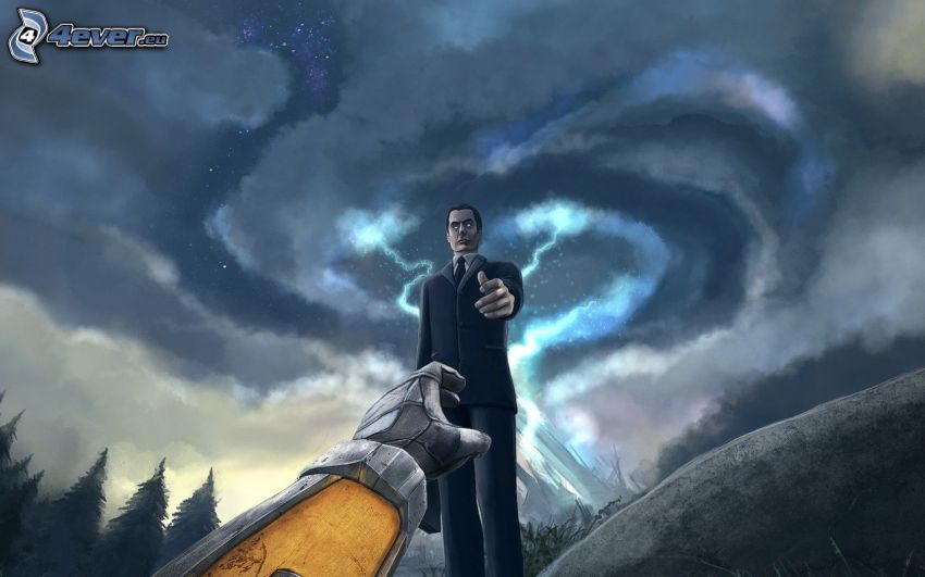 Half-life, búrka, ruka, muž v obleku