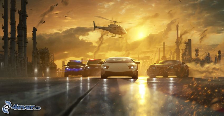 Need For Speed - Most Wanted, Lamborghini Murciélago, policajné auto, vrtuľník