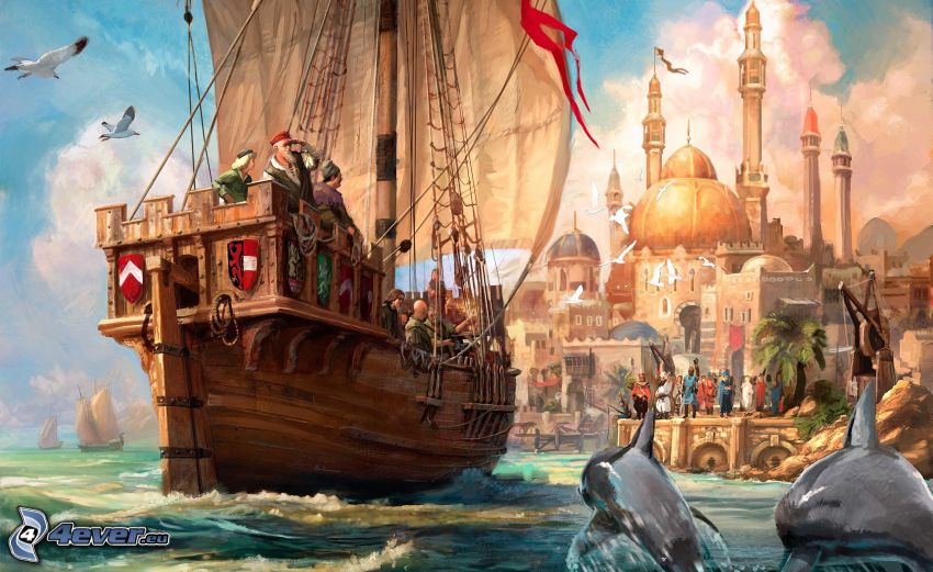 PC hra, kreslená plachetnica, maľba, skákajúce delfíny