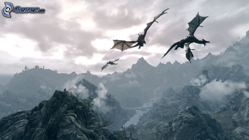 The Elder Scrolls Skyrim, draky, let, skalnaté hory