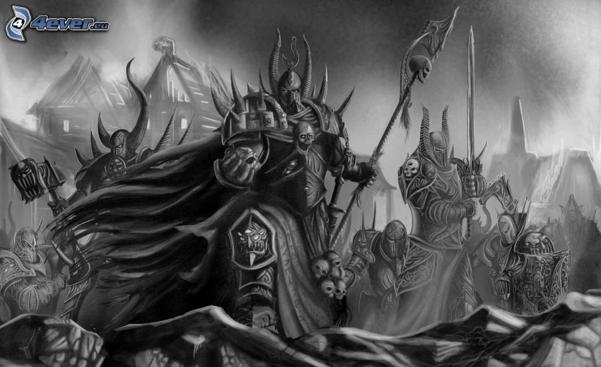Warhammer, fantasy bojovník, čiernobiele