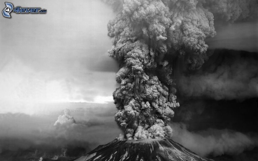 erupcia sopky, sopečný mrak, čiernobiela fotka