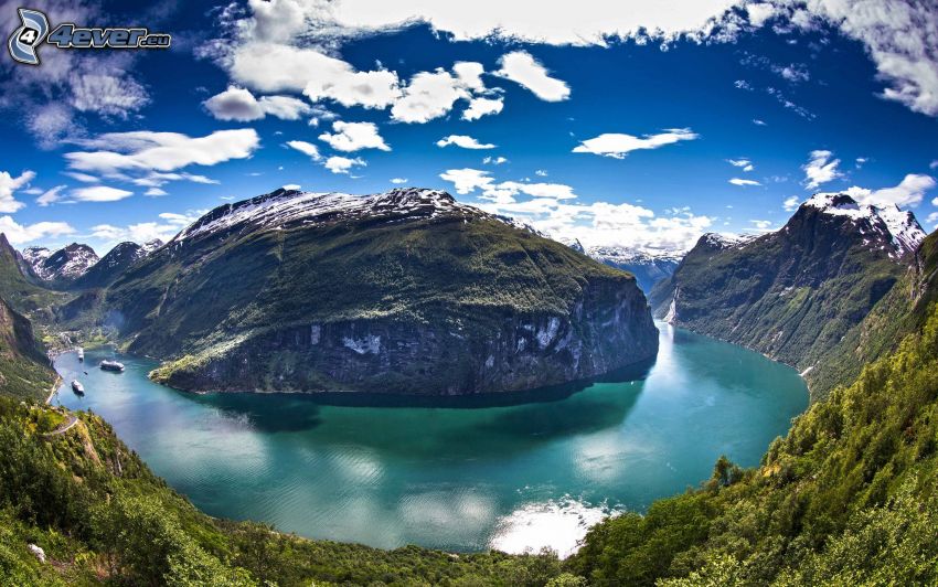 fjord, skalnaté hory, obloha, oblaky, Nórsko