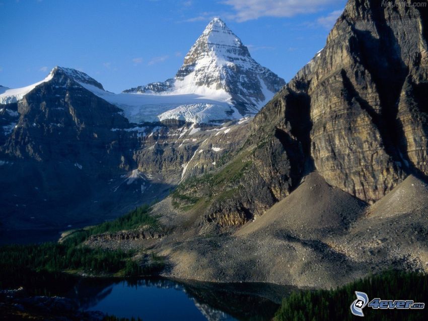 Mount Assiniboine, Provincial Park, Britská Kolumbia, veľhory, skaly, kopce, sneh, pleso