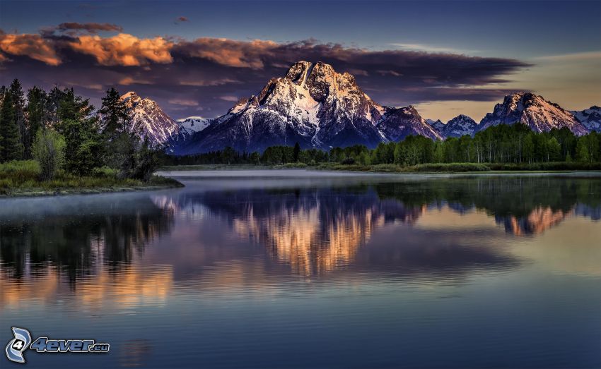 Mount Moran, Wyoming, jazero, odraz, ihličnatý les, HDR