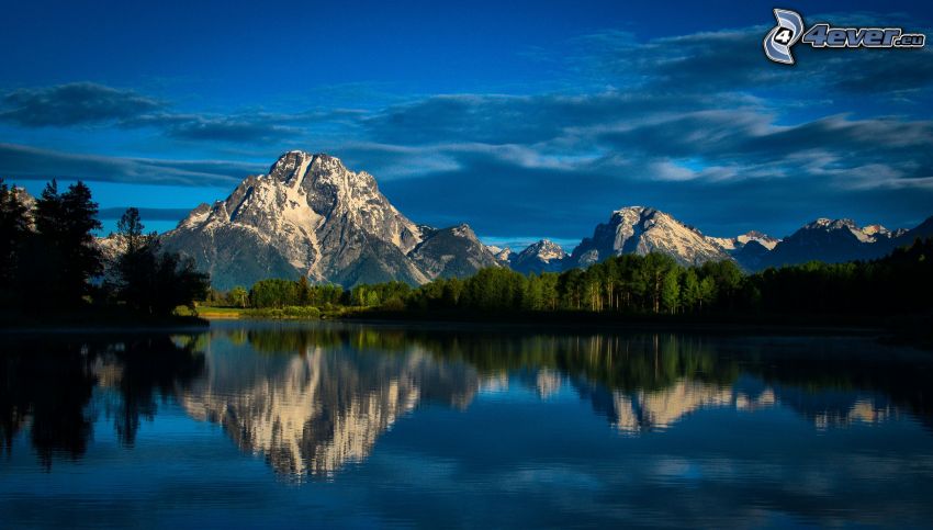 Mount Moran, Wyoming, jazero, odraz, ihličnatý les, skalnaté hory