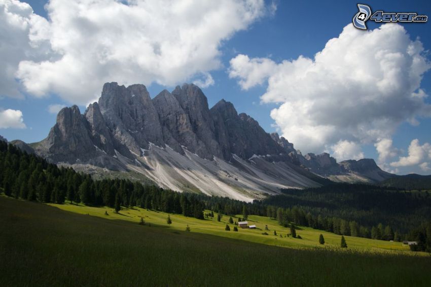 Val di Funes, lúka, ihličnatý les, skalnaté hory, Taliansko