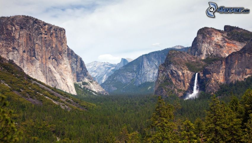 Yosemitské údolie, El Capitan, skalnaté hory, vodopád, ihličnatý les