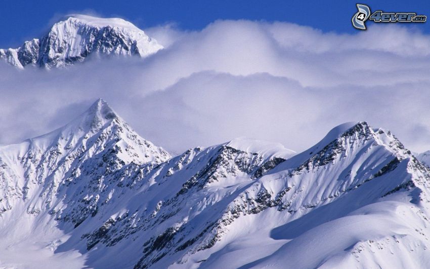 zasnežené hory, hmla, oblaky, Aljaška