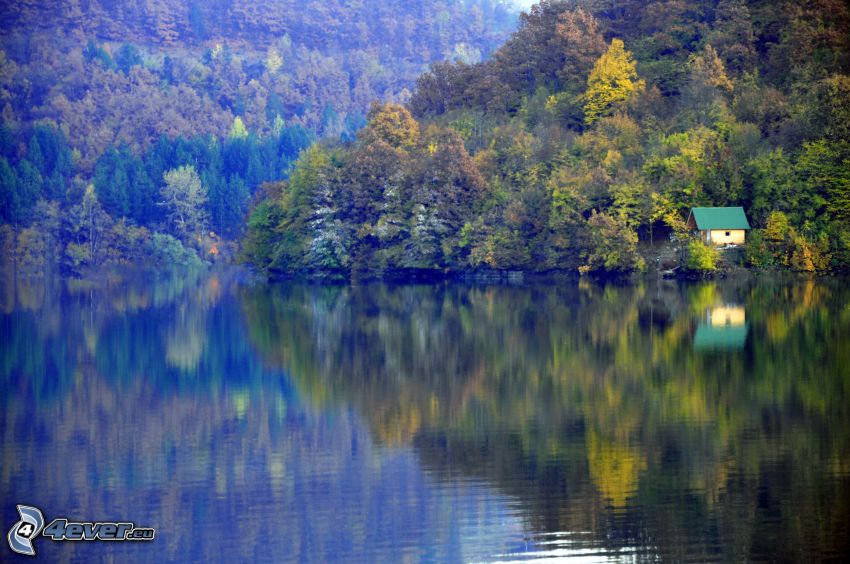 jazero, domček, jesenné stromy