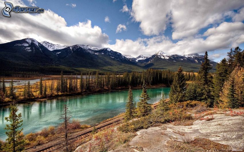 Banff National Park, pohorie, rieka, les, oblaky