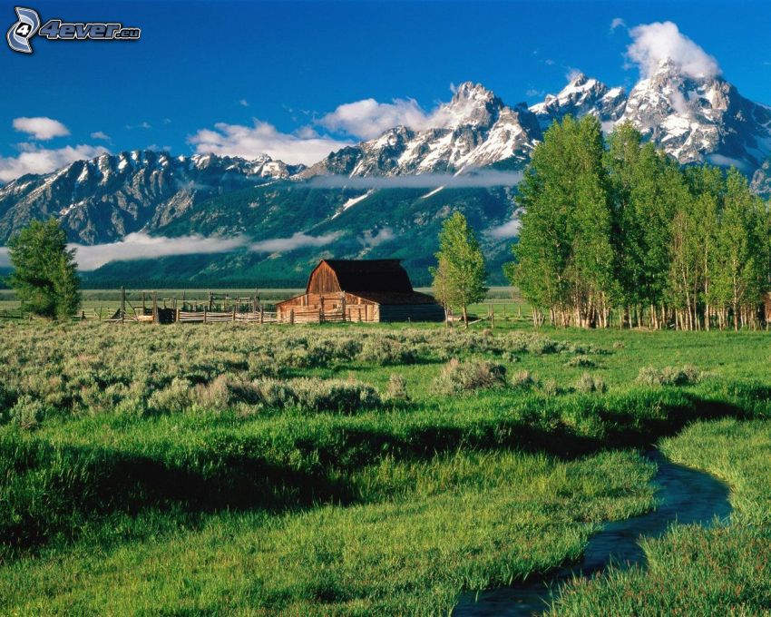 Moulton Ranch, americká farma, Grand Teton national park, hory, listnaté stromy, krajina, potok